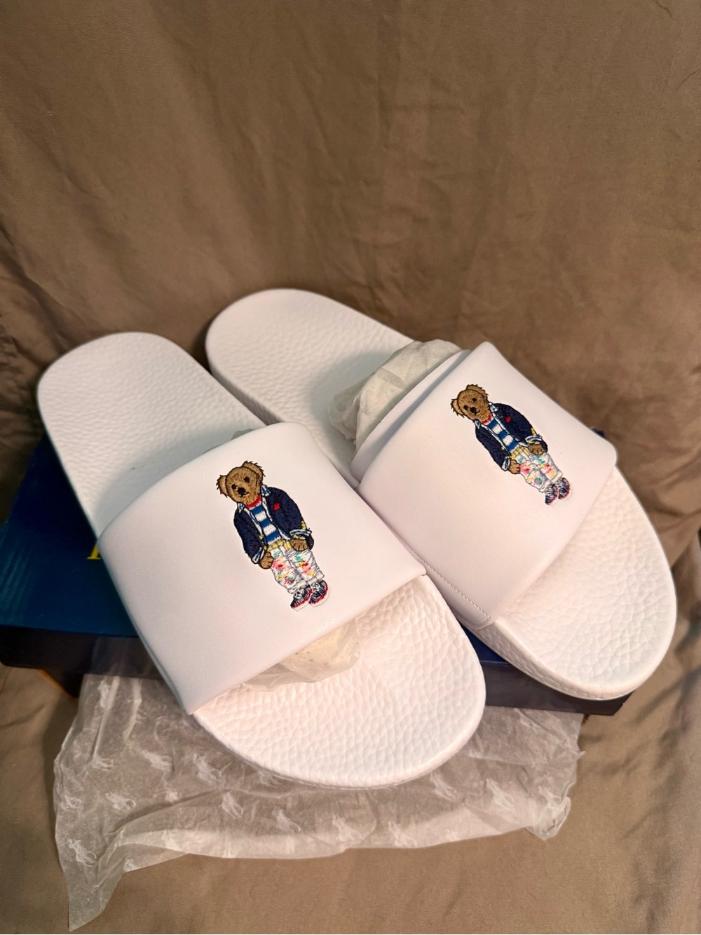 Polo by Ralph Lauren White Bear-Embroidered Slide Sandals